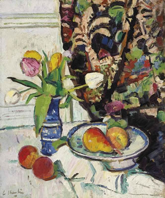 Still life with tulips and fruit