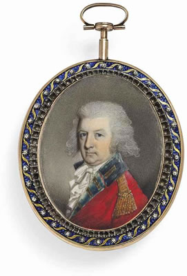 A young officer, in red coat with dark blue facings, gold epaulette, frilled white cravat, powdered hair