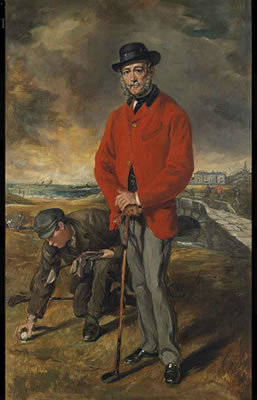 Portrait of John Whyte-Melville of Bennochy and Strathkiness (1797-1883), full-length, in a pink and green Captain's coat, grey trousers and black hat, holding his Wood in his right hand, the Swilcan Bridge with golfers and the Royal and Ancient Clubhouse by Francis Grant - Auction record, sale price, and art valuation. Compare with similar artists and explore comparable artworks.