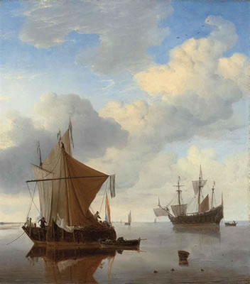 A Calm - A smalschip and a kaag at anchor with an English man-o'-war beyond by William (The Younger) Van de Velde - Auction record, sale price, and art valuation. Compare with similar artists and explore comparable artworks.