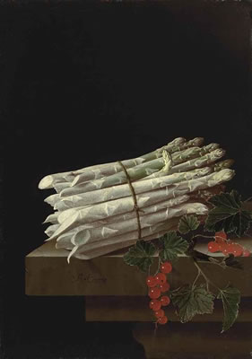 Asparagus and red currants on a stone ledge by Adriaen Coorte - Auction record, sale price, and art valuation. Compare with similar artists and explore comparable artworks.