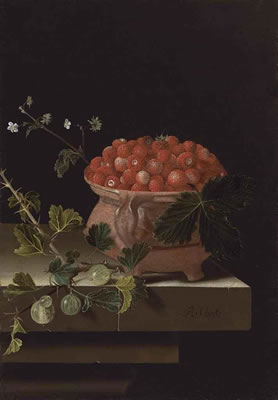 A bowl of strawberries with gooseberries on a stone ledge