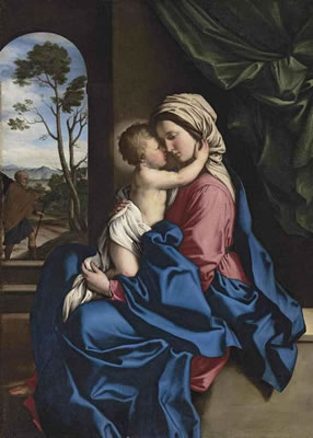 The Madonna and Child embracing in an interior, a landscape with Saint Joseph beyond