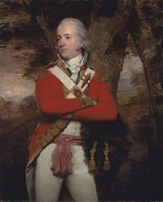 Portrait of General Duncan Campbell, of Lochnell and Barbreck, Argyll (1763-1837), three-quarter-length, in a scarlet military coat with gold facings and epaulettes, white vest and breeches, a pink sash around his waist, his bearskin in his right hand, in