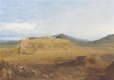 An extensive view of the Acropolis, Athens, with the Herodeion Atticon below