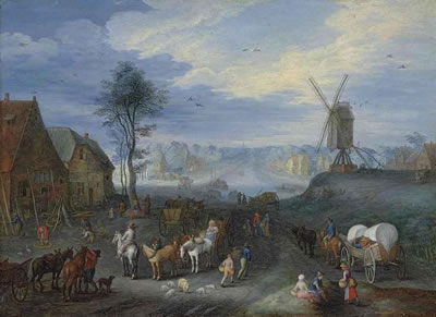 A village with a windmill, figures with horsedrawn carts in the foreground, a canal and a church beyond