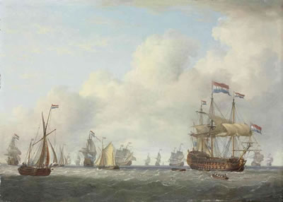 Dutch men-o'-war and other vessels in a fresh breeze