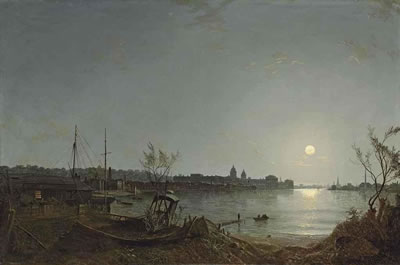 A view of Greenwich Reach from the Thames by moonlight, with the Hospital, Enderby House and the Telegraph House