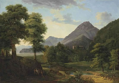 A wooded, mountainous landscape with soldiers capturing a centurion and a figure escaping by a river