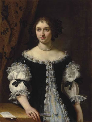 Portrait of Maria Maddalena Rospigliosi Panciatichi (1645-1695), half-length, in a black surcote trimmed with silver embroidery over a brocade gown, holding a fan, by a draped table with a letter
