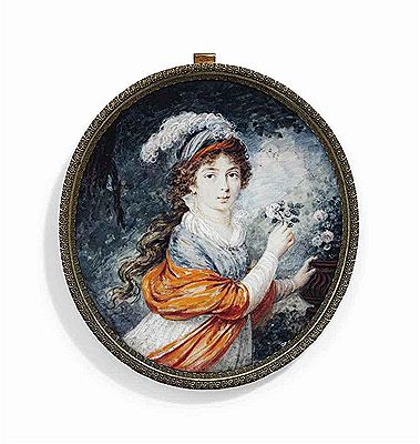 Anna Feodorovna (1781-1860), Grand Duchess Constantine of Russia, née Princess Juliane of Saxe-Coburg-Saalfield, in white dress with blue jacket and white underdress, red shawl, small gold hoop earring and triple gold chain necklace, wearing a red, blue a