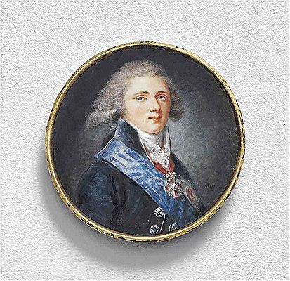 Grand Duke Alexander Pavlovich (1778-1825), in blue coat with silver buttons, white cravat, wearing the blue moiré sash and breast-star of the Imperial Russian Order of St Andrew, and the Order of St Anna, powdered hair