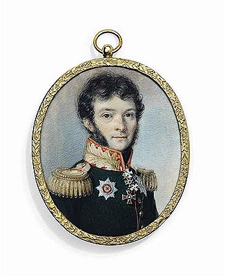 General Count Ivan Ivanovich Dibich-Zabalkanskii (1785-1830), in red-lined green uniform with red collar embroidered with gold oak leaves, gold epaulettes, wearing orders and decorations including the breast-stars of the Imperial Russian Orders of St Andr