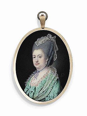 A lady, possibly Caroline-Mathilde (1751-1775), Queen of Denmark, in lace-bordered bright green dress with bows at sleeves and corsage, thin purple ribbon tied around her neck, drop-pearl earrings, lace scarf tied in her upswept powdered and curled hair