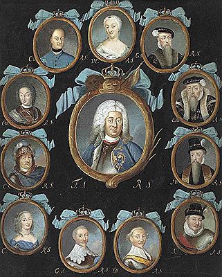 A frame containing twelve oval portraits of members of the Swedish Royal Family within gilt surrounds, coronet and blue ribbon surmounts: in the centre, Frederick I (1676-1751), King of Sweden 1720-1751; above, his consort, Ulrika Eleonora (1688-1741); cl