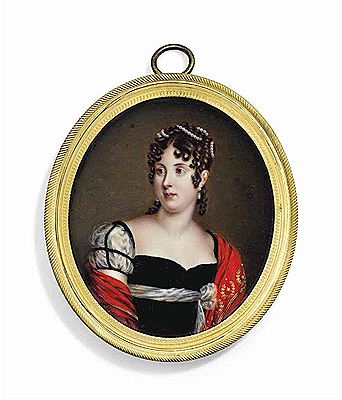 Désirée Clary (1777-1860), Queen of Sweden, in Swedish Court dress and gold-bordered red stole embroidered with royal crowns surrounded by laurel wreaths, her brown hair dressed in ringlets and entwined with string of pearls