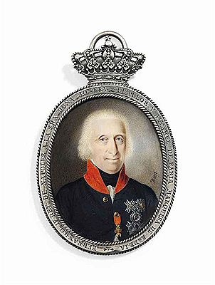 Ferdinand IV (1751-1825), King of Naples and the Two-Sicilies 1759-1825, in blue coat with red collar, wearing the breast-star of the Royal Neapolitan Order of St Januarius, the red badge of the Order of the Golden Fleece and other orders signed 'Dun' (mi