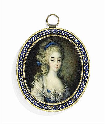 Maria Theresa of Savoy (1756-1805), Comtesse d'Artois, in white dress with blue bodice with white bow, white muslin fichu, high-piled powdered hair dressed with a ribbon and ringlets falling over her shoulders