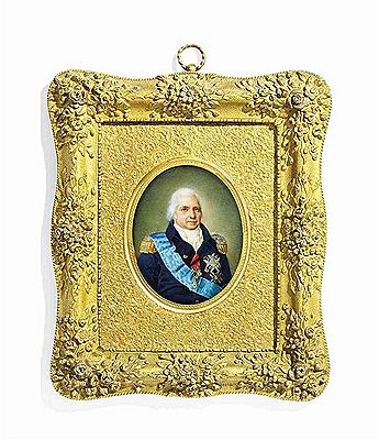Louis XVIII (1755-1824), King of France 1814/1815 - 1824, in blue coat with gold epaulettes, wearing orders including the blue moiré sash and breast-star of the Royal French Order of the Saint Esprit, the breast-star of the Order of Notre-Dame du Mont Car