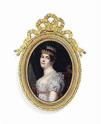 Josephine de Beauharnais (1763-1814), Empress of the French and Queen of Italy, in white muslin dress, gem-set gold belt, pearls, drop-pearl earrings and tiaras; Imperial coronet and green curtain in background by Ferdinando Quaglia - Auction record, sale price, and art valuation. Compare with similar artists and explore comparable artworks.