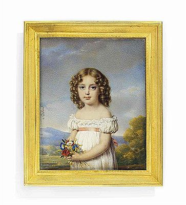A child, in white off-the-shoulders dress with pink sash, holding a bouquet of flowers, fair hair dressed in ringlets; landscape background