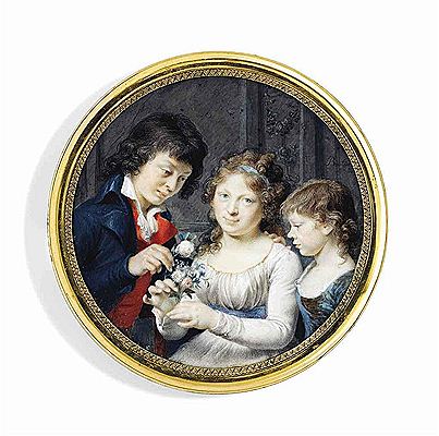 Three children in an interior: a girl in white dress with lilac sash and ribbon in her hair, holding a posy of flowers; to her right a boy in blue coat and red waistcoat picking one of her flowers; to her left a young girl in blue dress by Joseph Marie Bouton - Auction record, sale price, and art valuation. Compare with similar artists and explore comparable artworks.