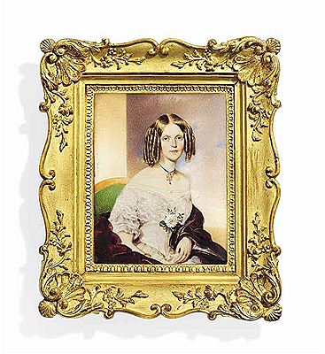 A young lady, seated on a green upholstered chair, wearing a pale pink dress with lace fichu, a white rose with foliage at corsage, velvet maroon shawl draped around her arms, a turquoise and garnet-set pendant suspended from a thin black ribbon around he