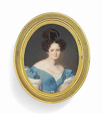 A young lady, in off-the-shoulders blue dress with white puff sleeves, brown hair elaborately dressed in an Apollo knot secured with a tortoiseshell comb