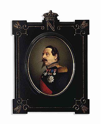 Napoleon III (1808-1873), Emperor of the French 1852-1870, in black coat with gold embroidered oak leaf collar and gold epaulettes, wearing the red moiré sash, badge and breast-star of the Imperial French Order of the Legion of Honour, the Military Medal