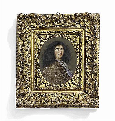 A gentleman, in gold cloak, white lace cravat, powdered hair