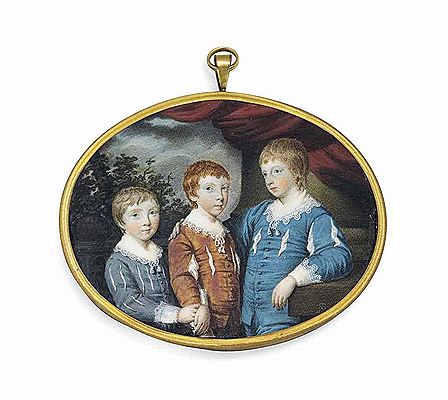 James George, 3rd Earl of Courtown (1765-1835) and his brothers Lt. General The Hon. Sir Edward (1766-1837) and Admiral The Hon. Sir Robert Stopford (1768-1847), when children: the eldest and youngest in light blue van Dyck dress, Edward in brown van Dyck by Samuel Shelley - Auction record, sale price, and art valuation. Compare with similar artists and explore comparable artworks.