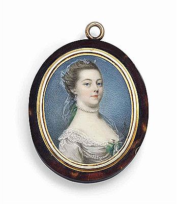 A young lady, in lace-bordered white dress, rope of pearls and drop-pearl fastened with green ribbon tied in a bow at corsage, pearl necklace tied with green ribbon, drop-pearl earrings and falling gauze scarf and pearls in her upswept brown hair