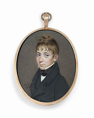 A boy, in black coat, waistcoat and stock, white shirt