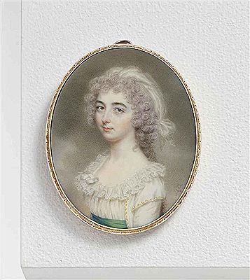 Mrs John Richardson, née Harriet Emma Burnaby, in white dress with frilled collar and green sash, gold-bordered white surcoat, white knotted scarf in her powdered curling hair