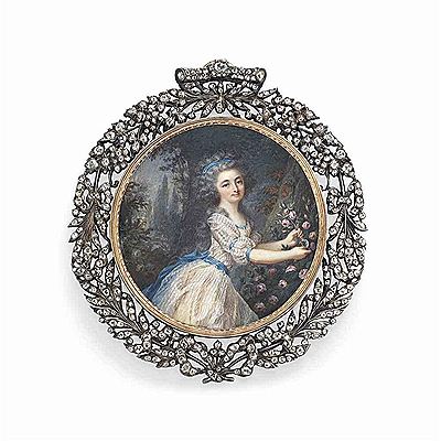 A young lady in a woodland landscape cutting pink roses from a rose bush, in blue-bordered white dress with striped muslin layer, blue sash tied around waist with a bow at the back, blue ribbon in her partly upswept powdered curling hair; tree and foliate