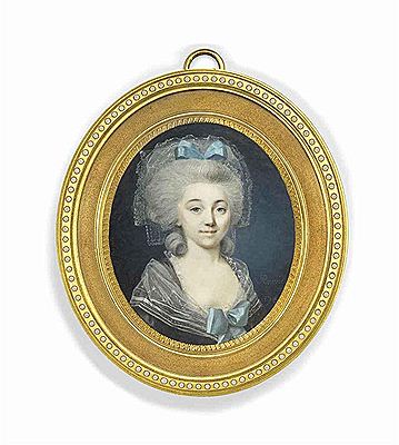 A young lady, in black dress with white gauze shawl over her shoulders, tied at corsage with blue silk ribbon, white gauze over her powdered hair dressed in ringlets, decorated with blue silk ribbon