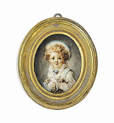A boy, in blue-bordered white sailor's suit and hat, fair curling hair