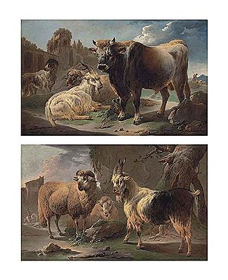 A bull, goat, ram and sheepdog before ruins in a rocky landscape(2)