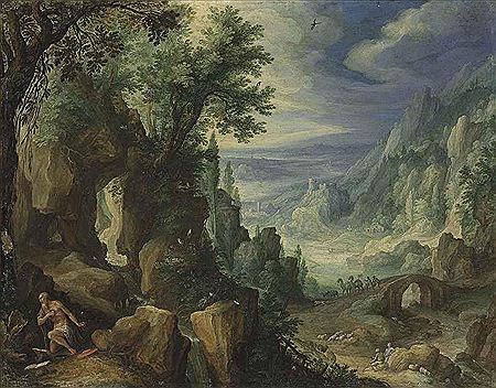 Saint Jerome praying in a rocky landscape