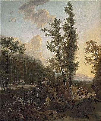 An Italianate wooded landscape with travellers and sheep on a path