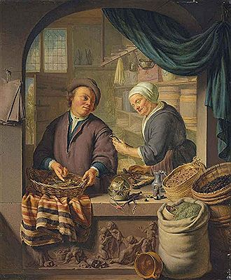 A man and a woman in a grocer's shop