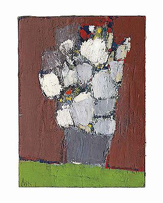 Fleurs blanches et rouges dans un vase gris