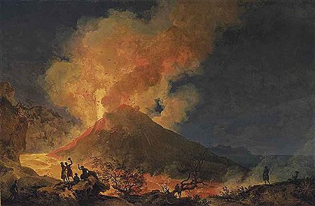Vesuvius erupting at night seen from the Atrio del Cavallo, with elegant onlookers, a view of Portici and Capri beyond