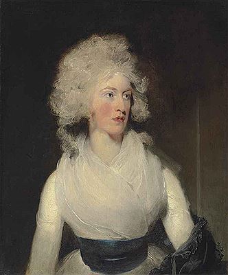 Portrait of Emily, Lady Berkeley, half-length, in a white dress with a blue sash and grey shawl