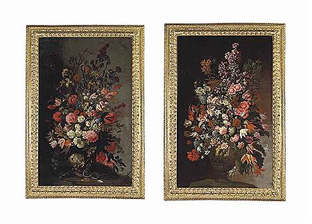 Tulips, lilies, irises and other flowers, in a sculpted urn, with a snake and a moth, on an earthen bank; and Roses, tulips, chrysanthemums and other flowers, in a sculpted urn, on an earthen bank (pair) by Mario Nuzzi - Auction record, sale price, and art valuation. Compare with similar artists and explore comparable artworks.