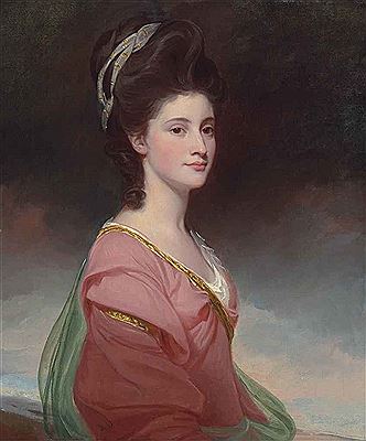 Portrait of Elizabeth Ramus (1751-1848), daughter of Nicholas Ramus and subsequently wife of Baron de Nougal, half-length, in a pink dress with gold trim and a green shawl, her hair tied with a gold-embroidered white muslin scarf