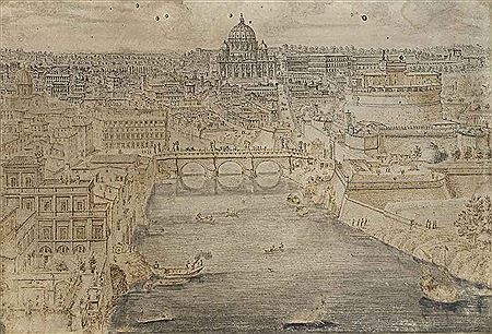 View of Rome with the Ponte Sant' Angelo crossing the Tiber, the Basilica of Saint Peter's in the distance and the Castel Sant' Angelo on the right