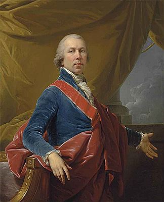 PORTRAIT OF A NOBLEMAN, HALF-LENGTH, IN A BLUE VELVET JACKET AND WHITE STOCK, WEARING THE SASH OF THE ORDER OF SAINT STANISLAUS AND A RED MANTLE, BEFORE A DRAPED CURTAIN