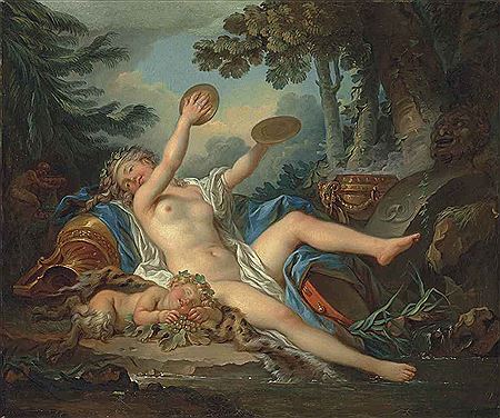A WOODED LANDSCAPE WITH A BACCHANTE PLAYING THE CYMBALS AND A SLEEPING FAUN