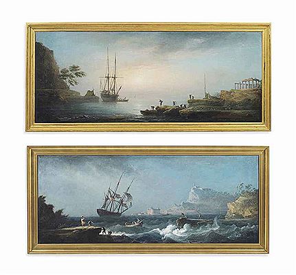 A MEDITERRANEAN COSTAL LANDSCAPE AT DAWN WITH A MAN-OF-WAR AND FISHERMEN CASTING THEIR NETS AND CLASSICAL RUINS ON THE SHORE; AND A MEDITERRANEAN COSTAL LANDSCAPE WITH A MAN-OF-WAR AND OTHER SHIPPING IN STORMY WATERS, A FORTIFIED TOWN ON THE SHORE BEYOND